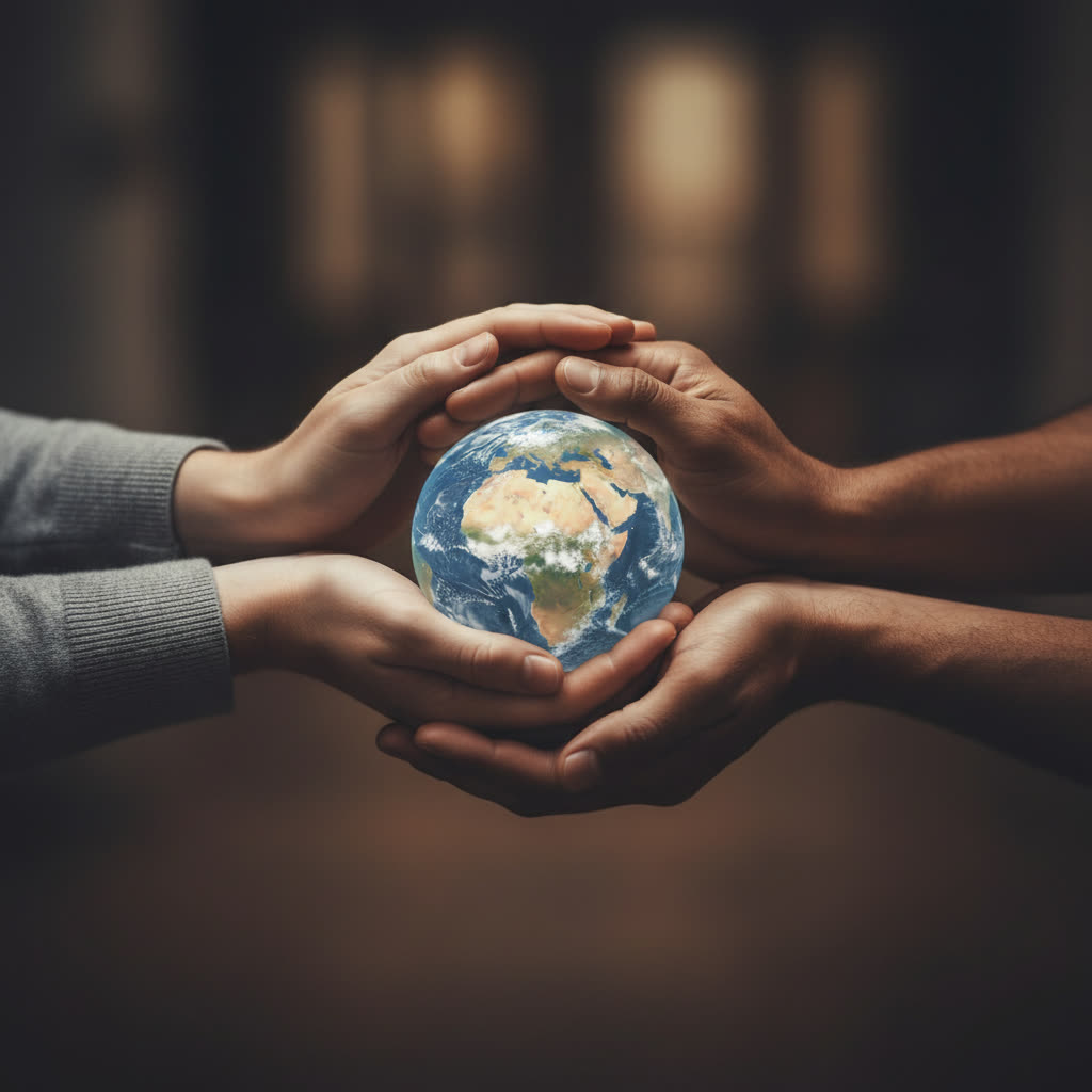 Des mains de différentes origines tenant ensemble un globe terrestre