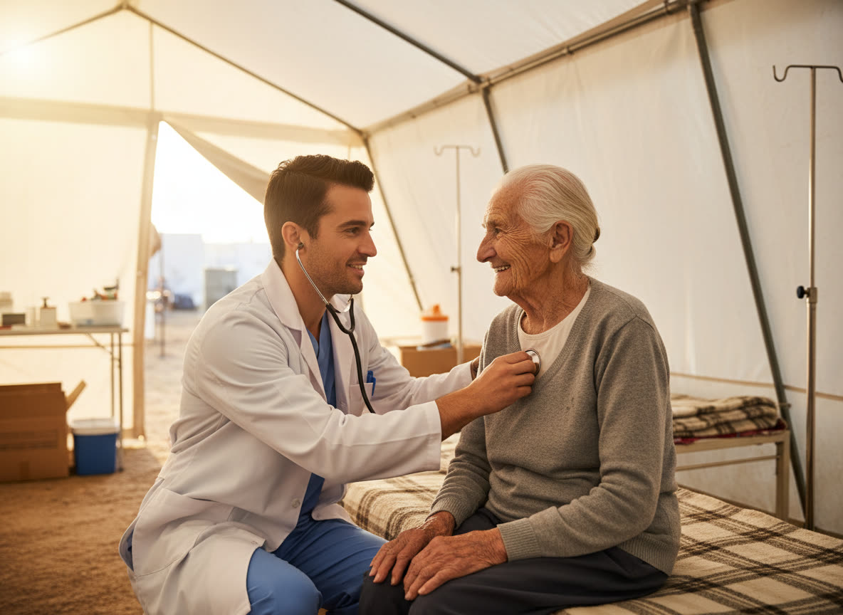 Un soignant bénévole examine une personne âgée souriante dans une clinique de campagne