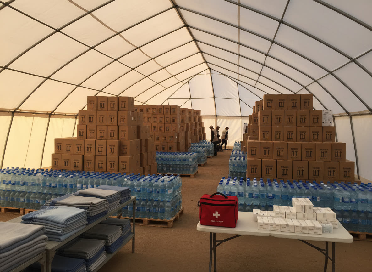Tente d’entrepôt humanitaire remplie de cartons de vivres, d’eau et de couvertures